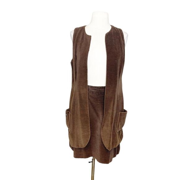 Vintage 60s Mara by Romay XS Brown Corduroy Vest Skirt Set Groovy Mod Hippie - Picture 1 of 10